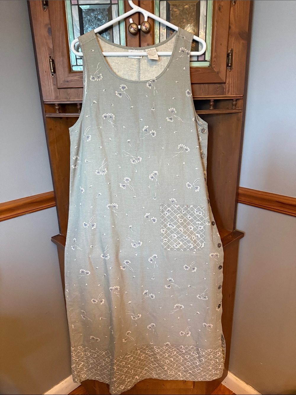 Vintage Erika Collection Floral Linen Blend Jumper Dress – Sage Green / Size M